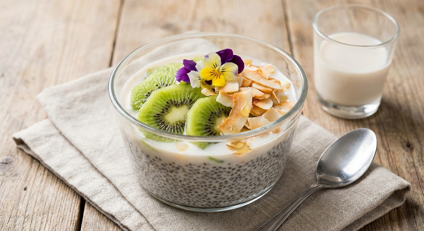 Chia Seed Pudding with Almond Milk, Kiwi & Toasted Coconut