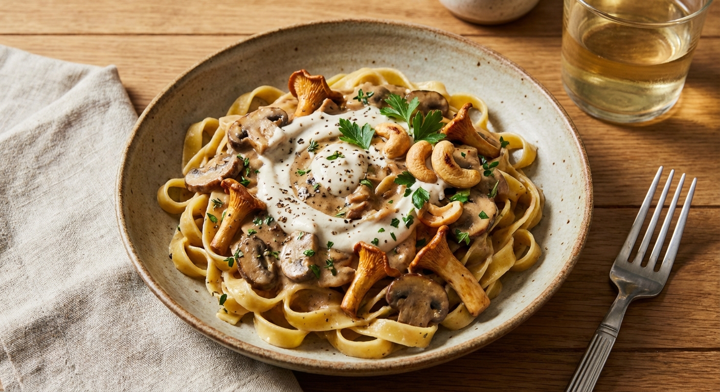 Creamy Mushroom Stroganoff with Cashew Cream over Pasta