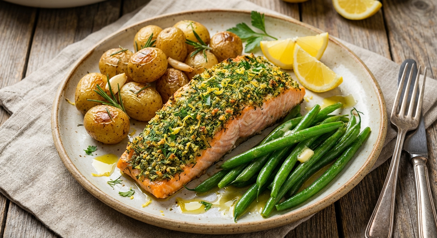 Baked Herb-Crusted Salmon with Garlic-Roasted Baby Potatoes & Steamed Green Beans