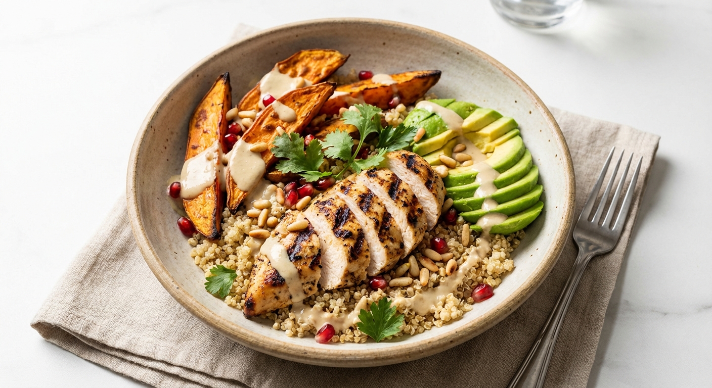 Grilled Chicken & Quinoa Bowl with Roasted Sweet Potato, Avocado & Tahini-Lemon Dressing