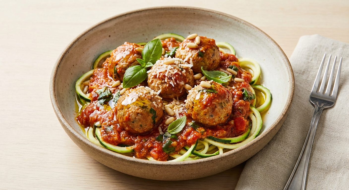 Italian Turkey Meatballs in Tomato-Basil Sauce over Zucchini Noodles