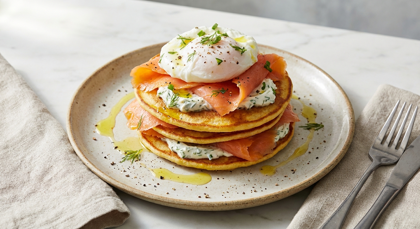 Keto Almond Flour Pancakes with Smoked Salmon, Herbed Cream Cheese & Poached Egg