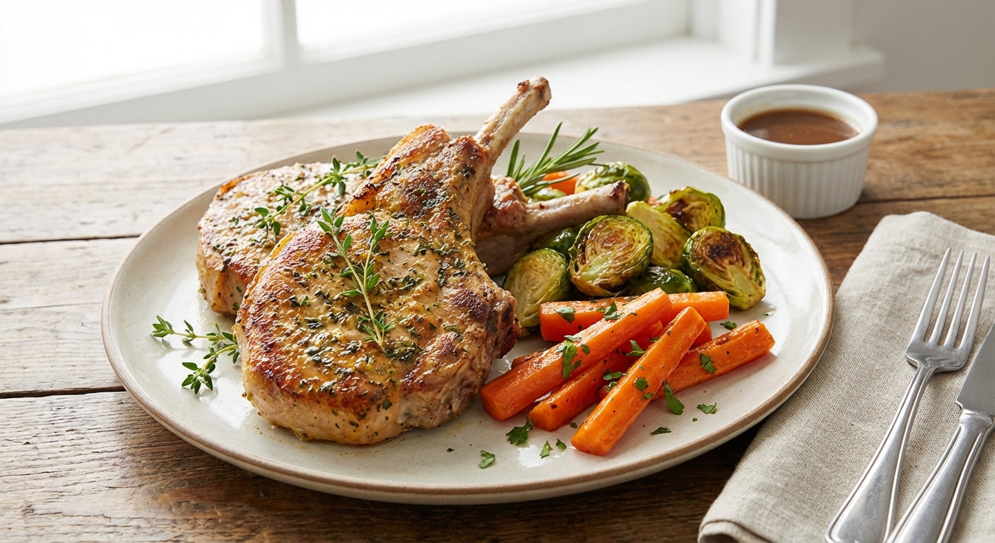 Italian Herb Bone-In Pork Chops with Roasted Brussels Sprouts & Carrots (Paleo)