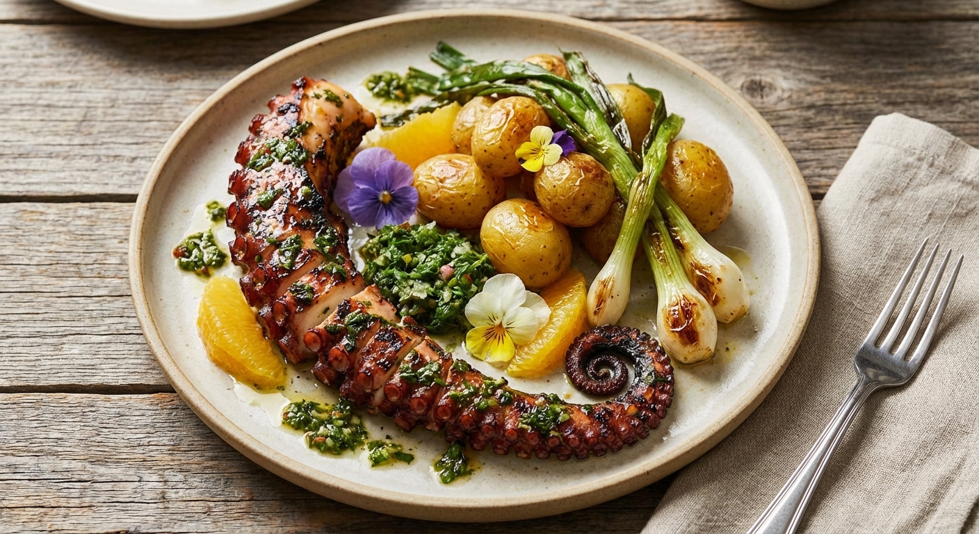 Citrus-Cilantro Grilled Octopus with Roasted Baby Potatoes and Charred Spring Onions