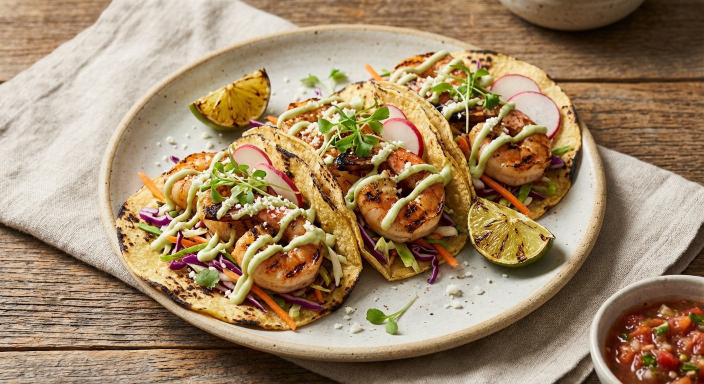 Grilled Shrimp Tacos with Cabbage Slaw & Lime Crema