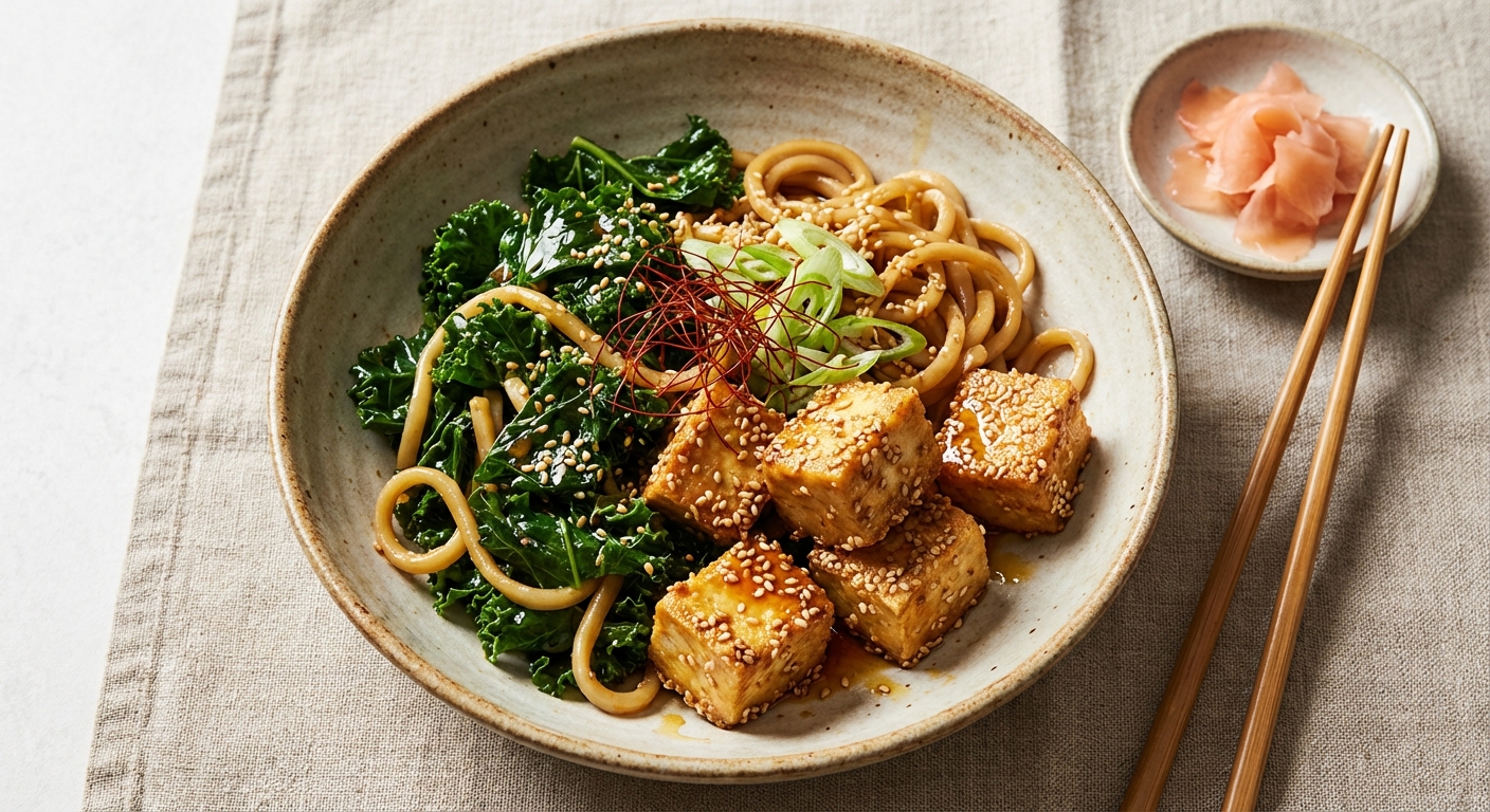 Ginger-Sesame Pan-Fried Tofu with Stir-Fried Kale & Wholewheat Udon Noodles