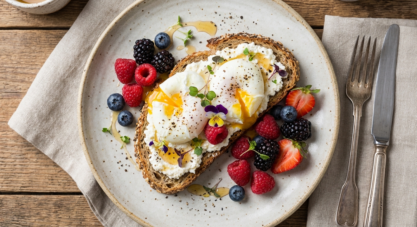 Whole-grain Ricotta Toast with Poached Eggs & Mixed Berries