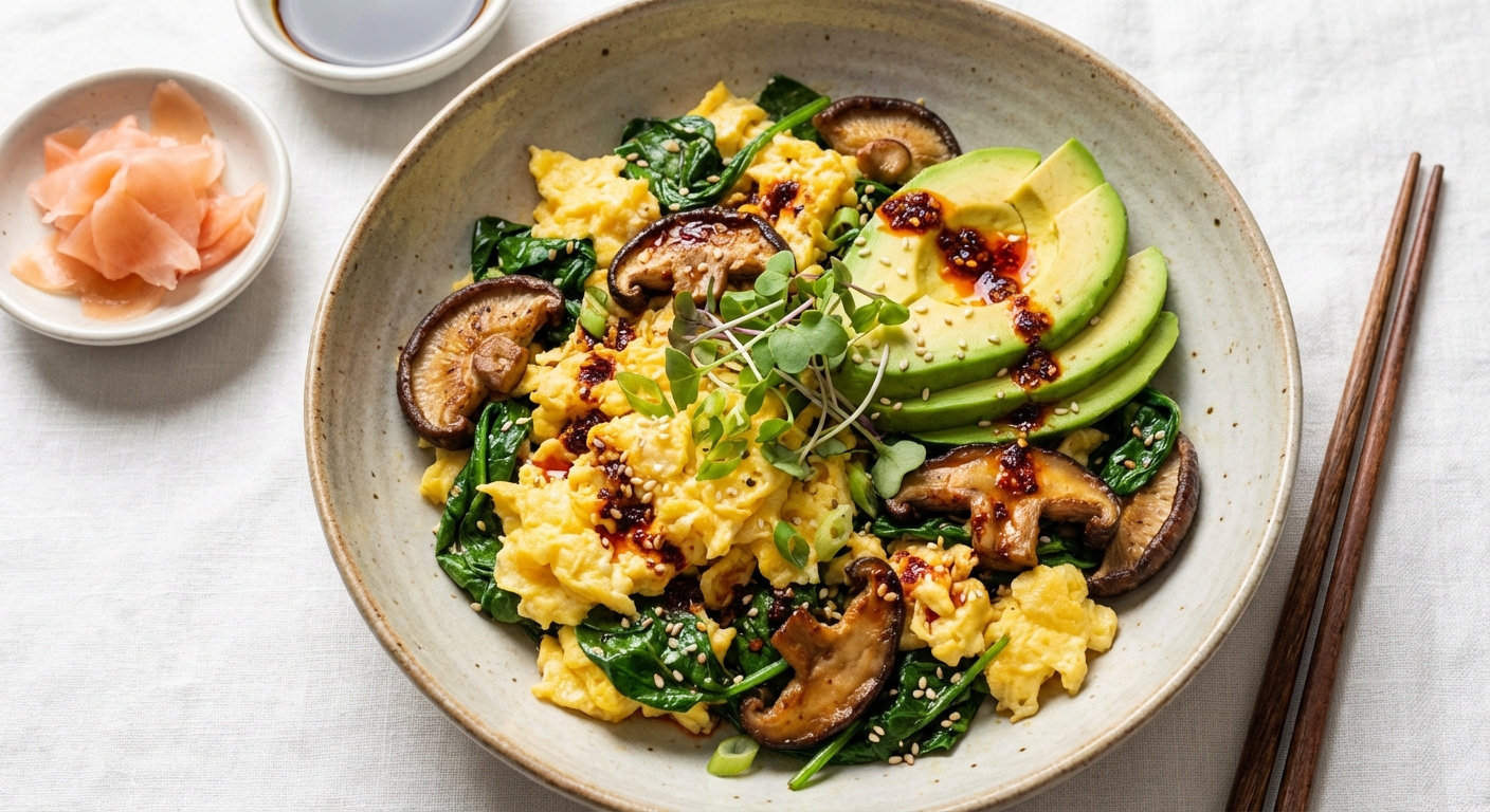 Asian-Style Egg Scramble with Spinach, Shiitake & Avocado