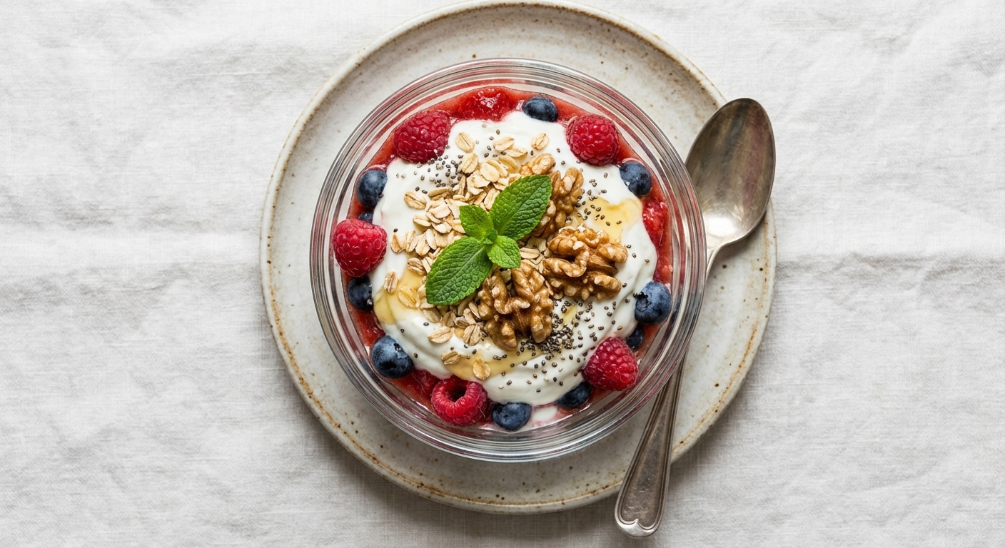 Greek Yogurt & Berry Parfait with Toasted Oats, Walnuts & Chia