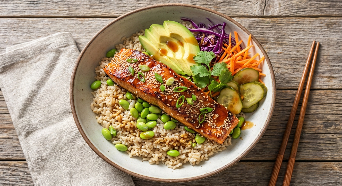 Asian Sesame-Ginger Salmon Bowl with Brown Rice & Edamame