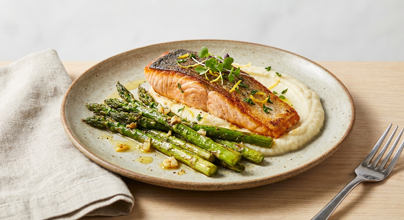 Pan-Seared Salmon with Cauliflower Mash and Garlic-Roasted Asparagus