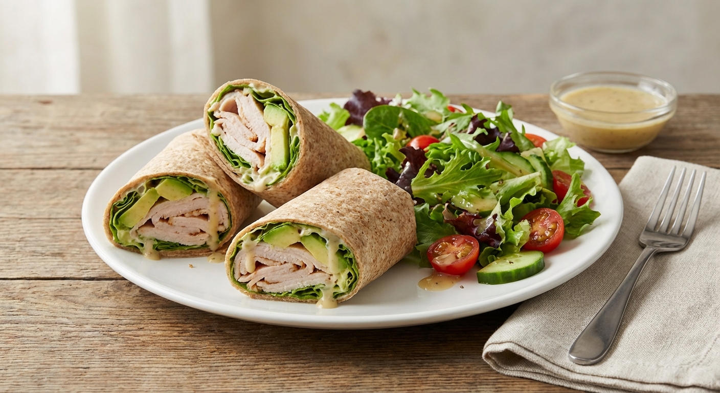 Turkey & Avocado Whole-Wheat Wraps with Mixed Green Salad