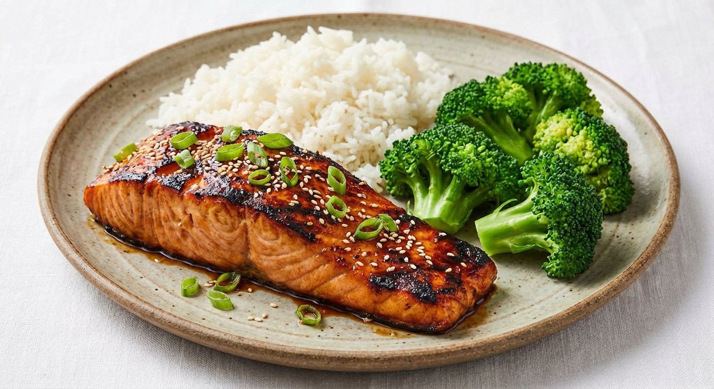 Teriyaki Salmon with Steamed Broccoli and Jasmine Rice