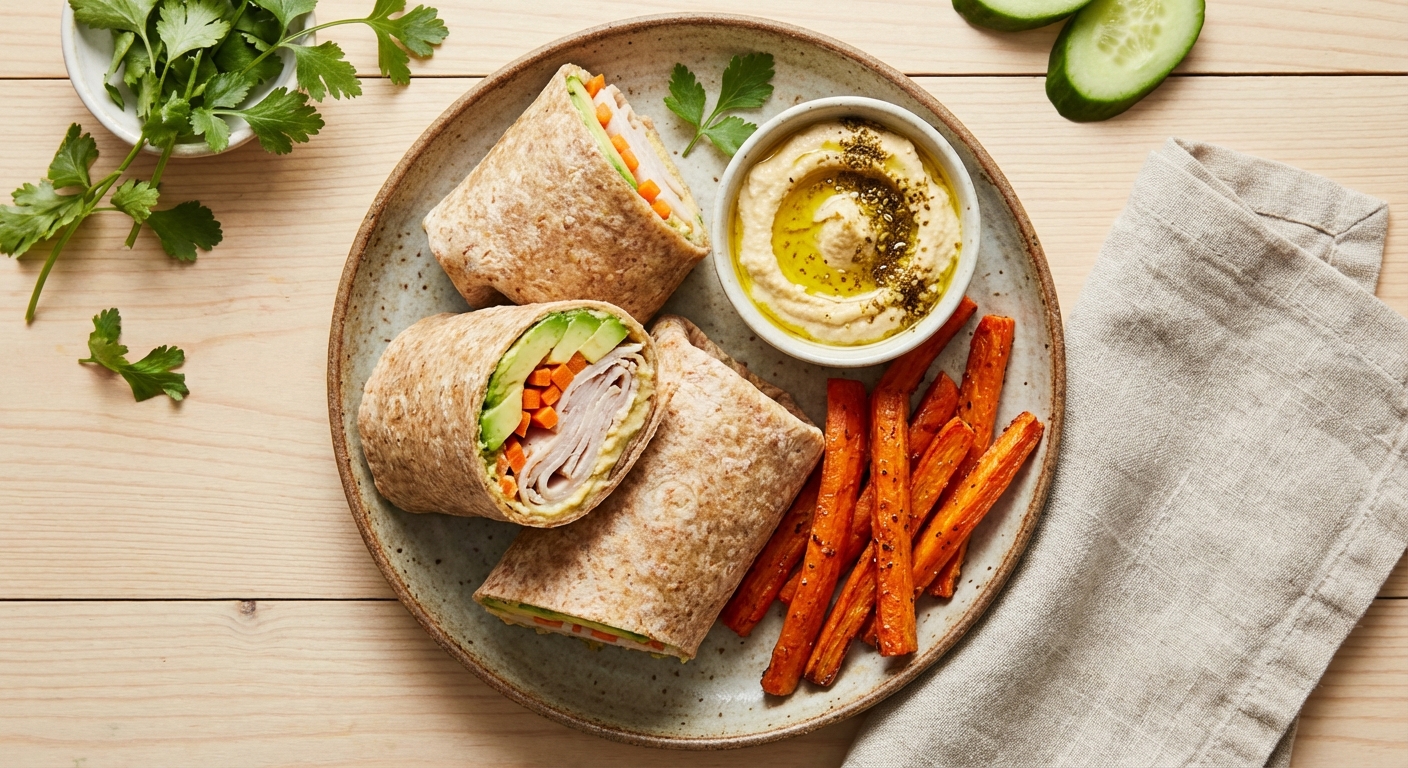 Whole-Grain Turkey & Avocado Wraps with Hummus and Carrot Sticks