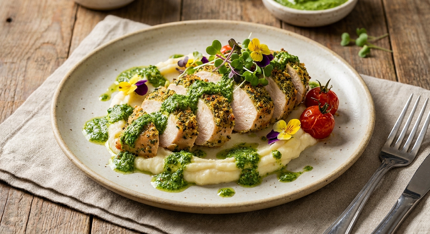 Herb-Crusted High-Protein Chicken with Garlic Whipped Potatoes & Greek Yogurt Chimichurri