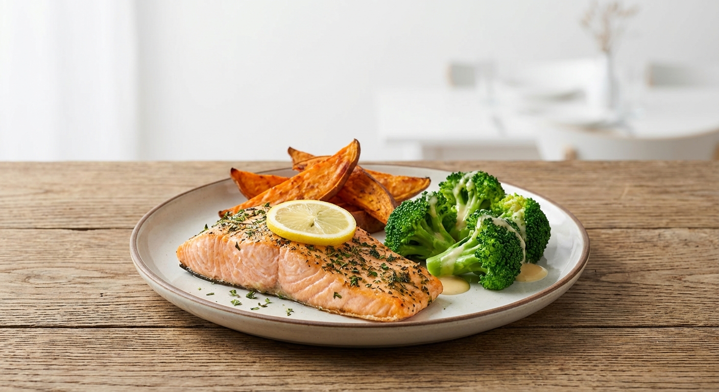 Baked Salmon with Roasted Sweet Potato and Steamed Broccoli