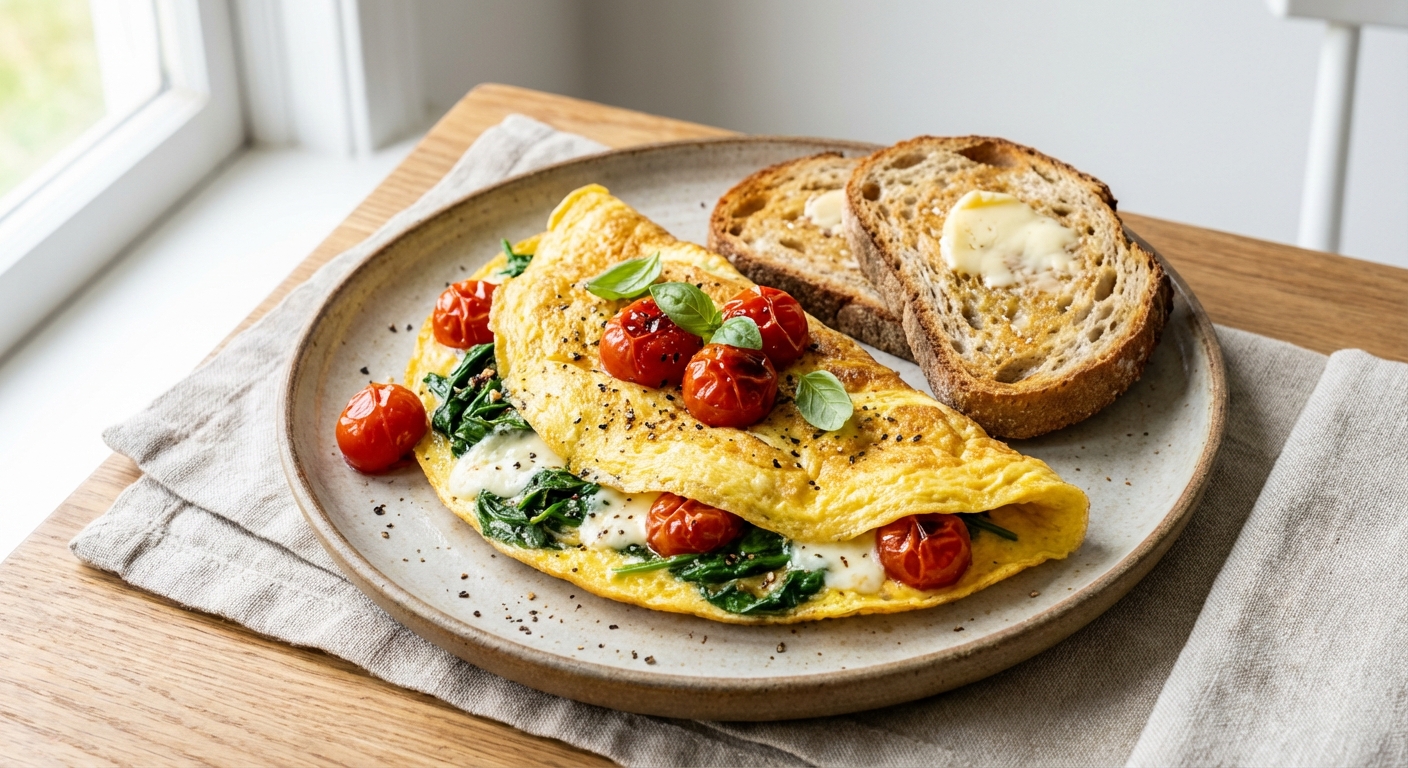 Spinach & Goat Cheese Omelette with Cherry Tomatoes and Gluten-Free Toast