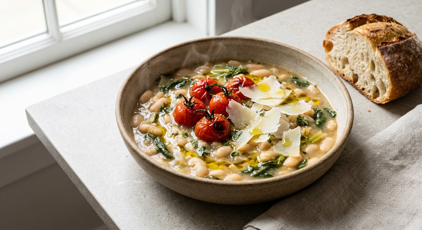Tuscan White Bean & Escarole Quick Stew with Seared Cherry Tomatoes and Pecorino