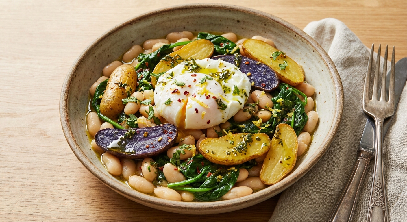 Warm Lemon-White Bean & Roasted Fingerling Potato Breakfast Bowl with Wilted Spinach & Herbed Olive Oil