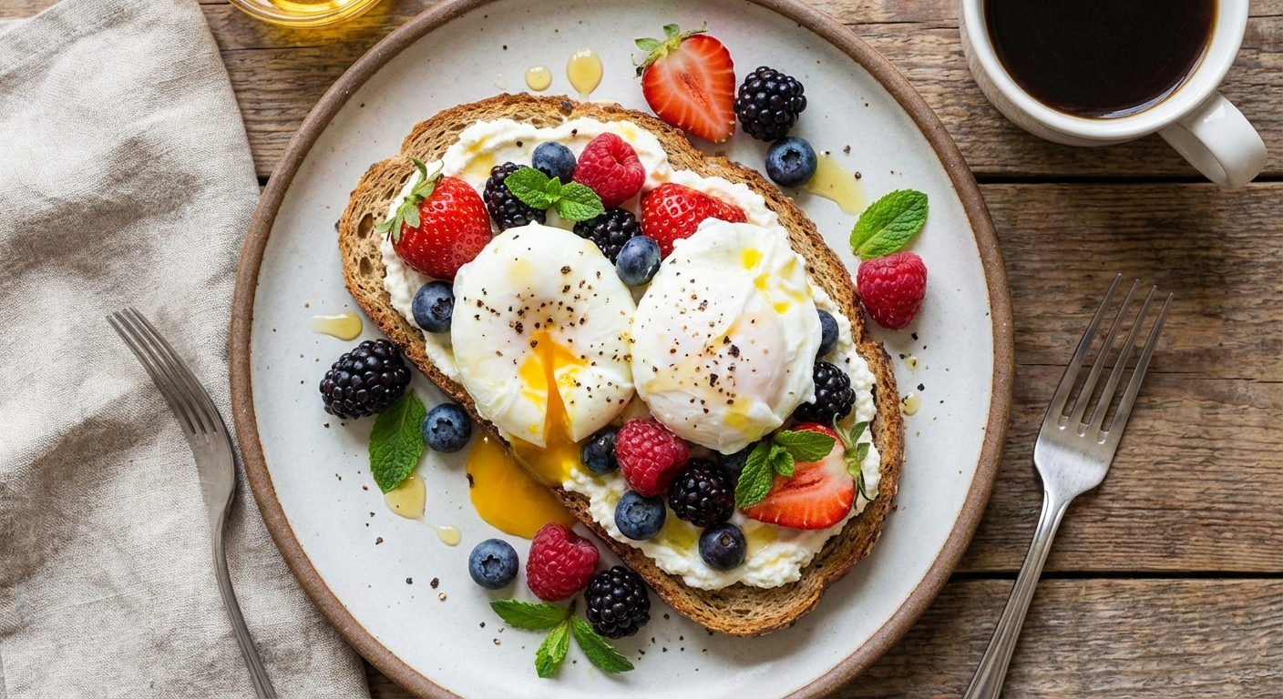 Whole-grain Ricotta Toast with Poached Eggs & Mixed Berries