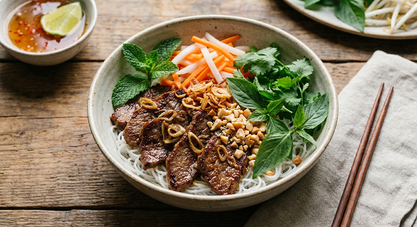 Vietnamese Lemongrass Beef Rice-Noodle Bowl with Quick-Pickled Carrot & Daikon