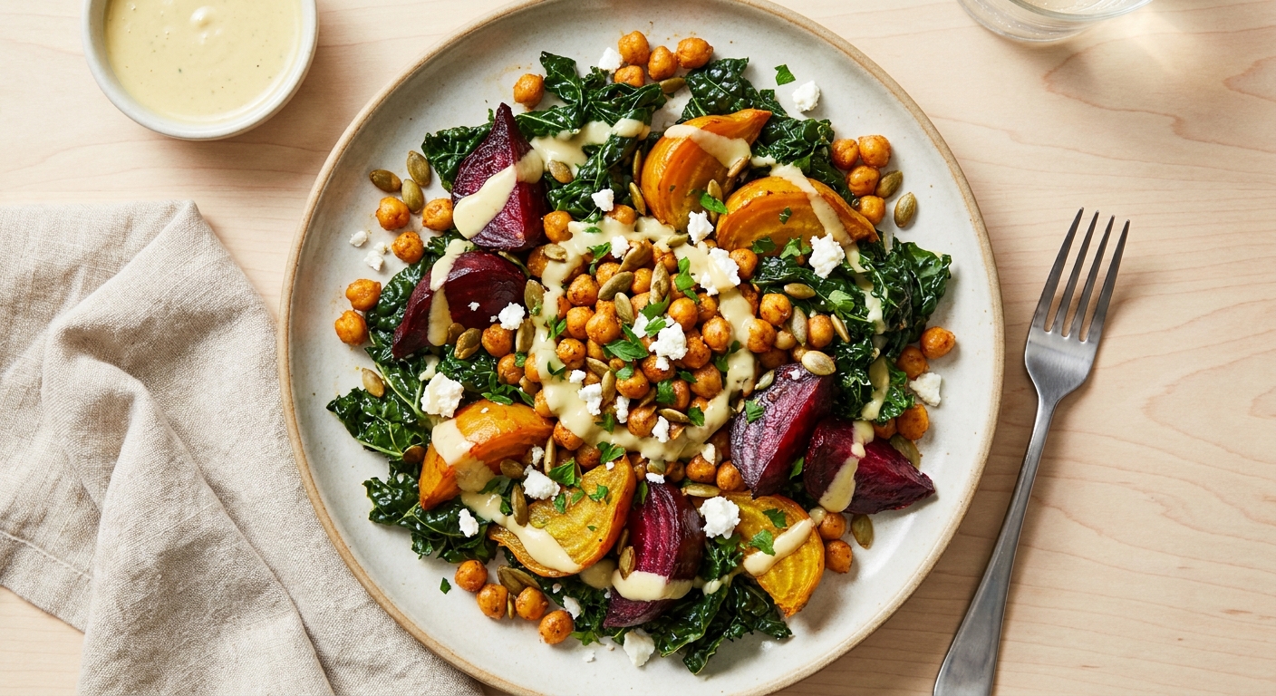 Warm Chickpea, Kale & Roasted Beet Salad with Lemon-Tahini