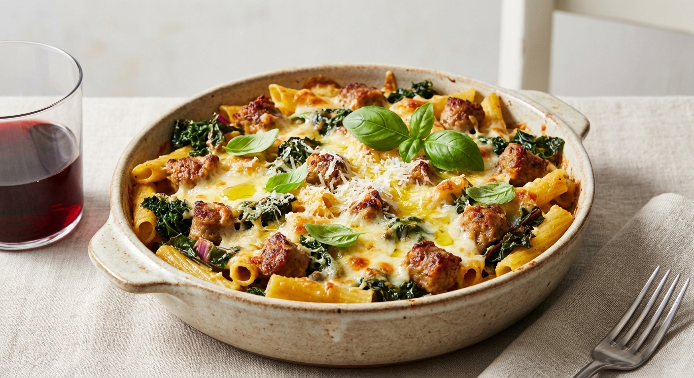 Baked Ziti with Turkey Sausage & Mixed Greens