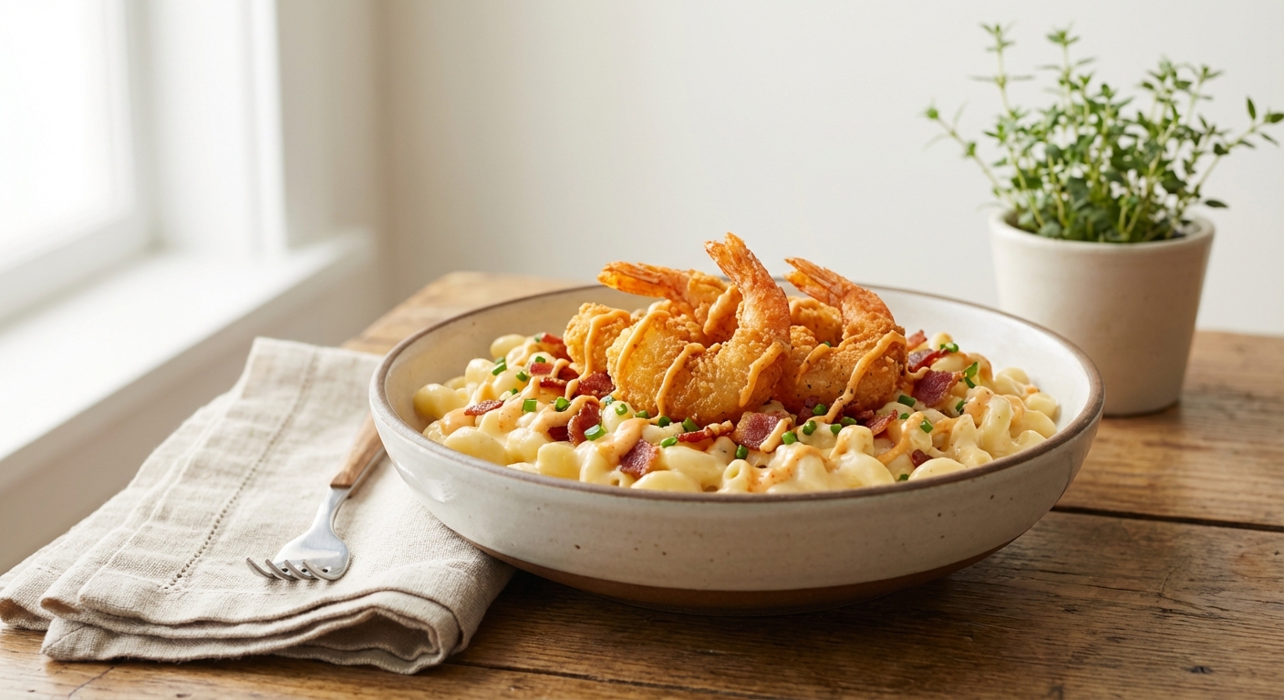 Loaded Mac & Cheese Bowls with Crispy Butterfly Shrimp