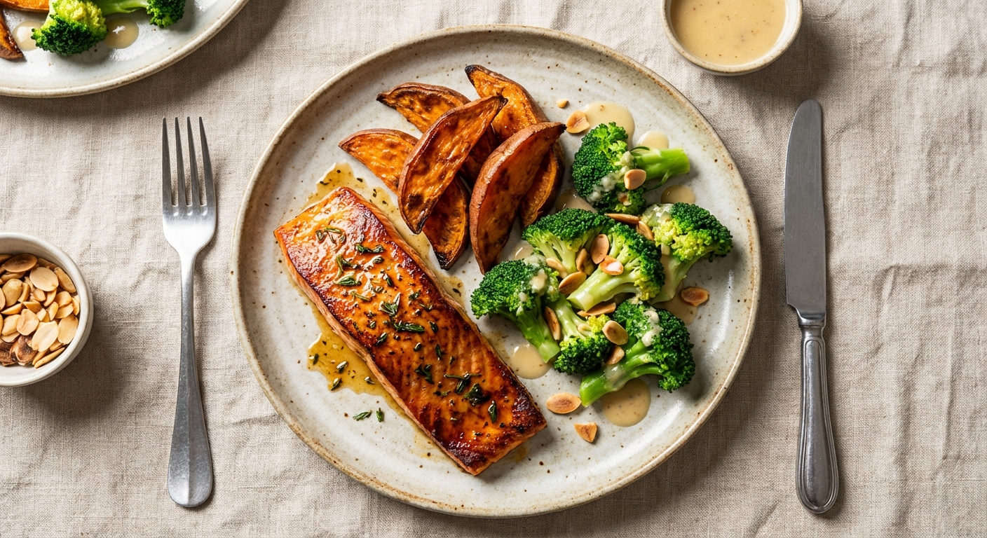 Baked Salmon with Roasted Sweet Potato & Steamed Broccoli