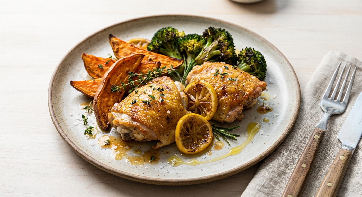Lemon-Herb Roasted Chicken Thighs with Sweet Potato & Broccoli