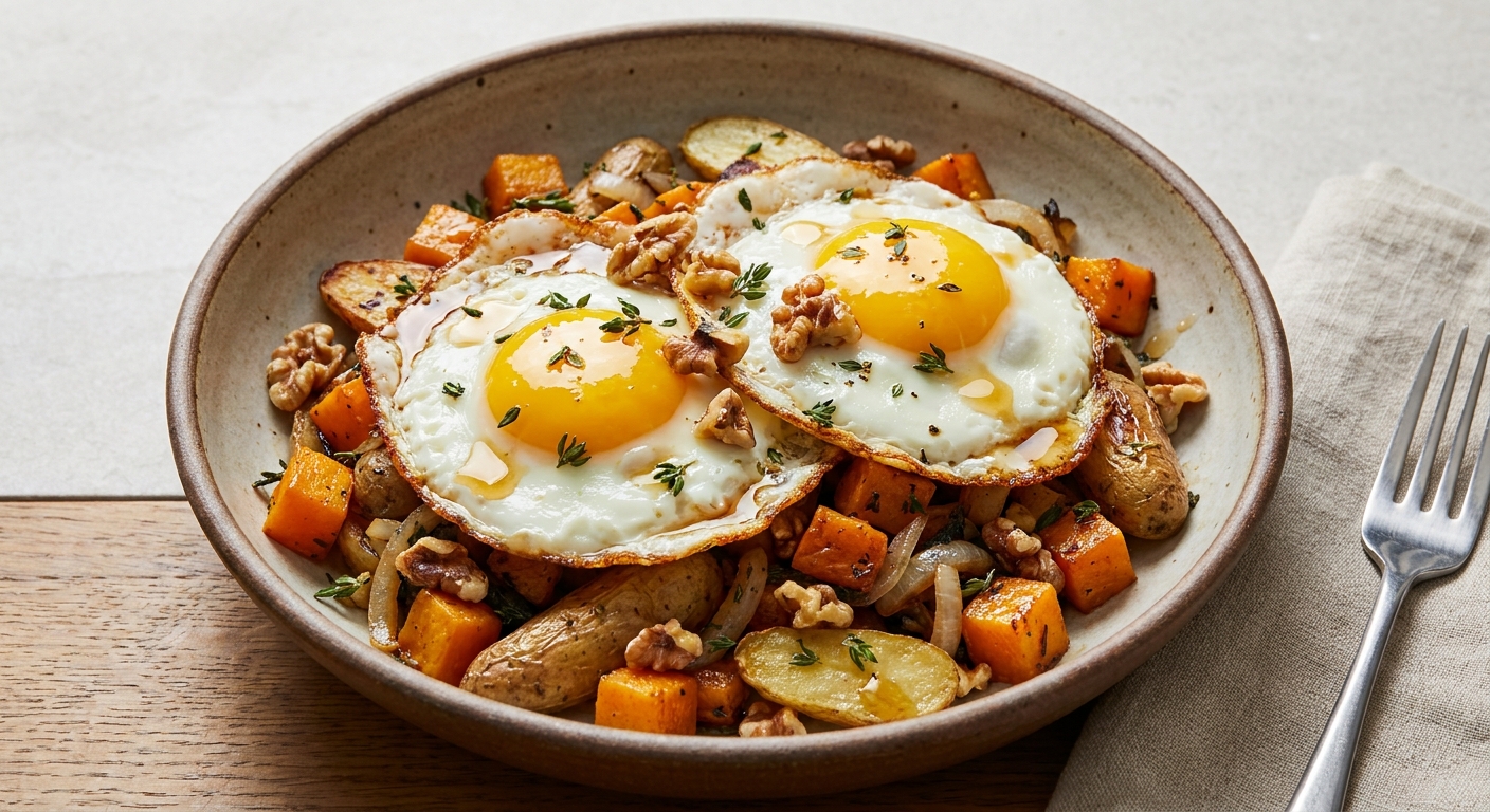 Maple-Roasted Butternut & Fingerling Potato Hash with Crispy Fried Eggs and Toasted Walnuts