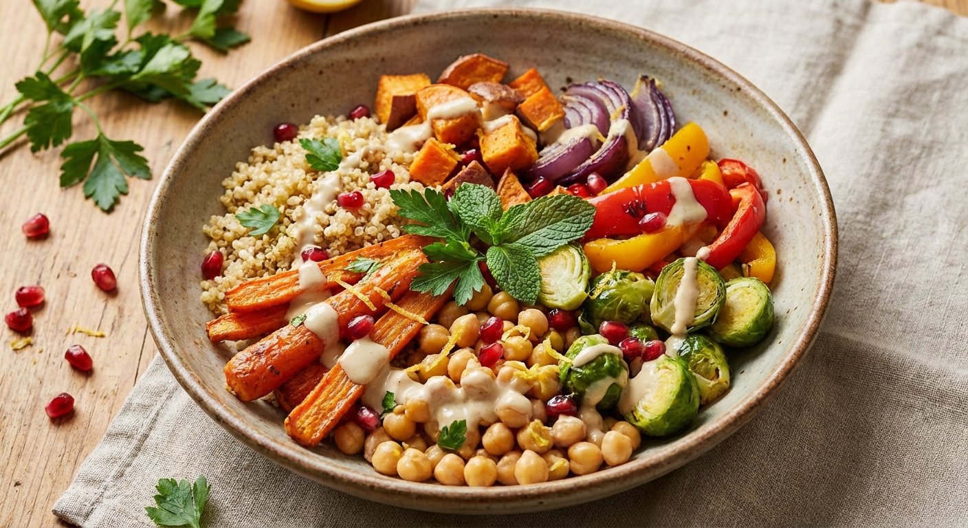 Quinoa & Roasted Vegetable Salad with Chickpeas and Lemon-Tahini Dressing