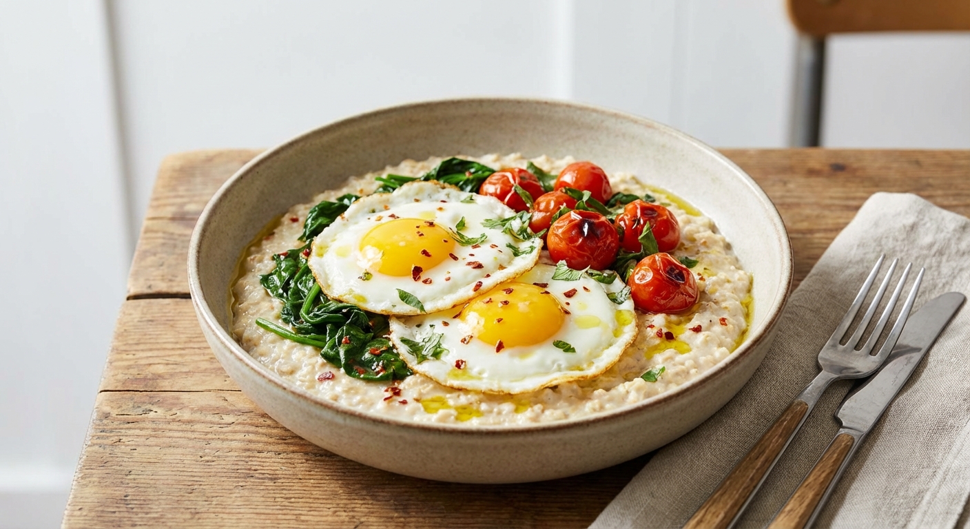 Savory Oats with Fried Eggs, Sautéed Spinach & Cherry Tomatoes