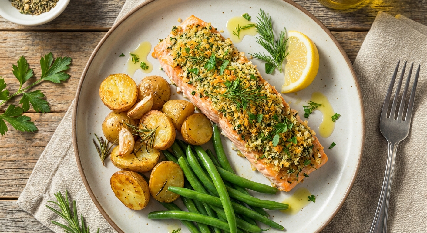 Baked Herb-Crusted Salmon with Garlic-Roasted Baby Potatoes & Steamed Green Beans