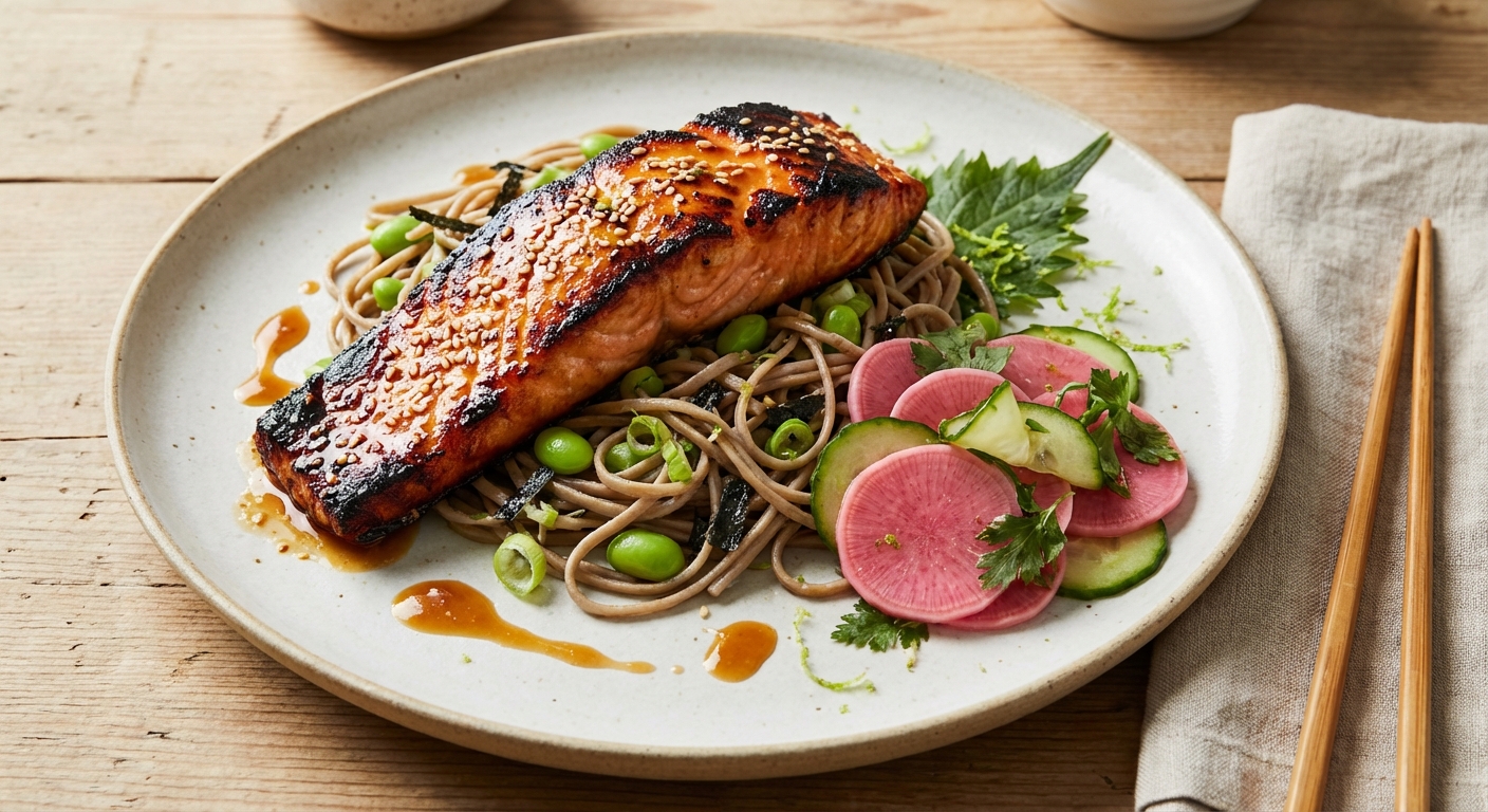 Maple-Miso Glazed Salmon with Sesame Soba and Quick-Pickled Radish