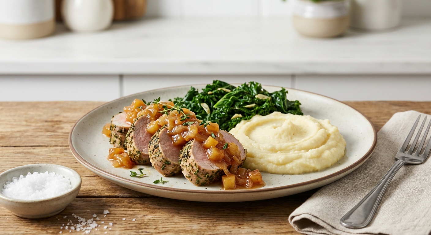 Pork Tenderloin with Apple Chutney, Sautéed Kale & Mashed Cauliflower