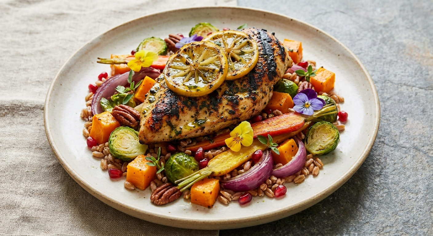Grilled Lemon-Herb Chicken with Roasted Autumn Veg & Farro Salad