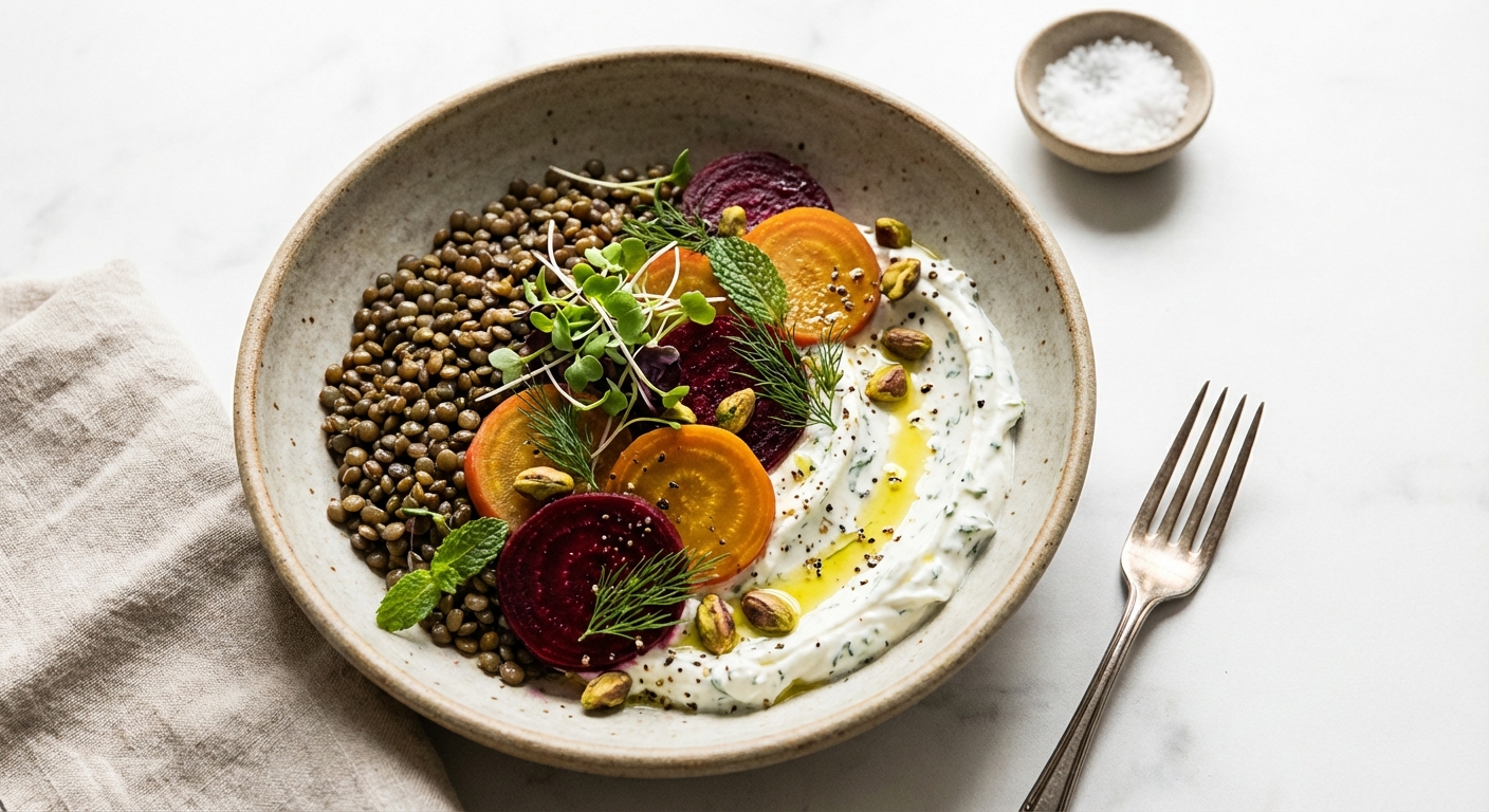 Warm Lentil & Quick-Poached Beet Salad with Herbed Yogurt