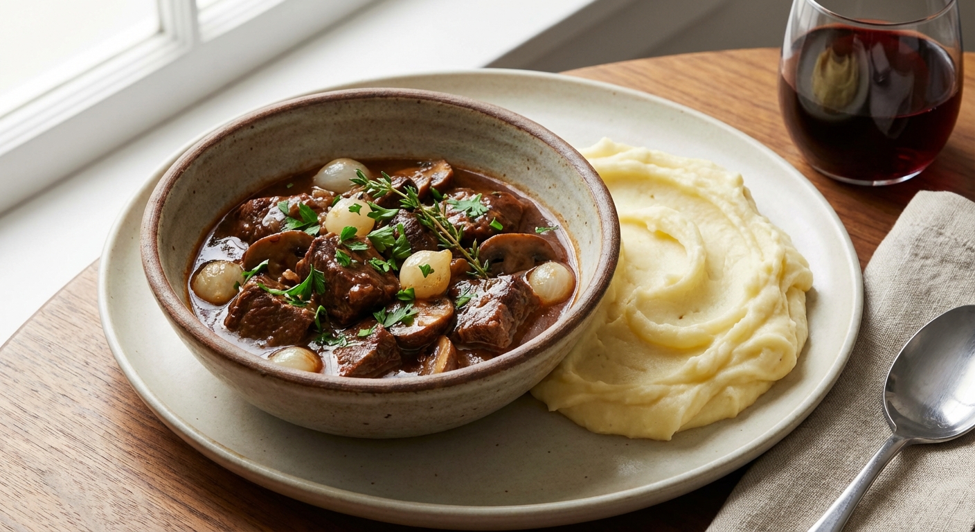 Beef & Mushroom Bourguignon with Creamy Mashed Potatoes