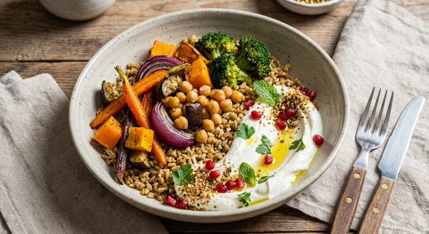 Roasted Vegetable & Chickpea Freekeh Bowl with Labneh