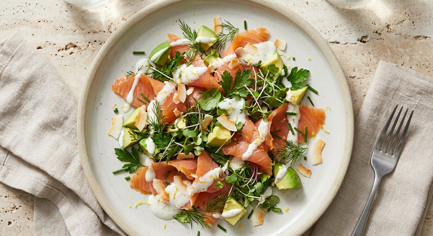 Smoked Salmon & Avocado Herb Salad with Lemon-Coconut Yogurt Dressing