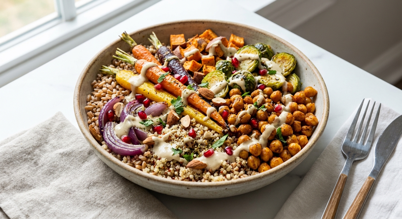 Roasted Vegetable & Chickpea Grain Bowl with Tahini-Lemon Dressing