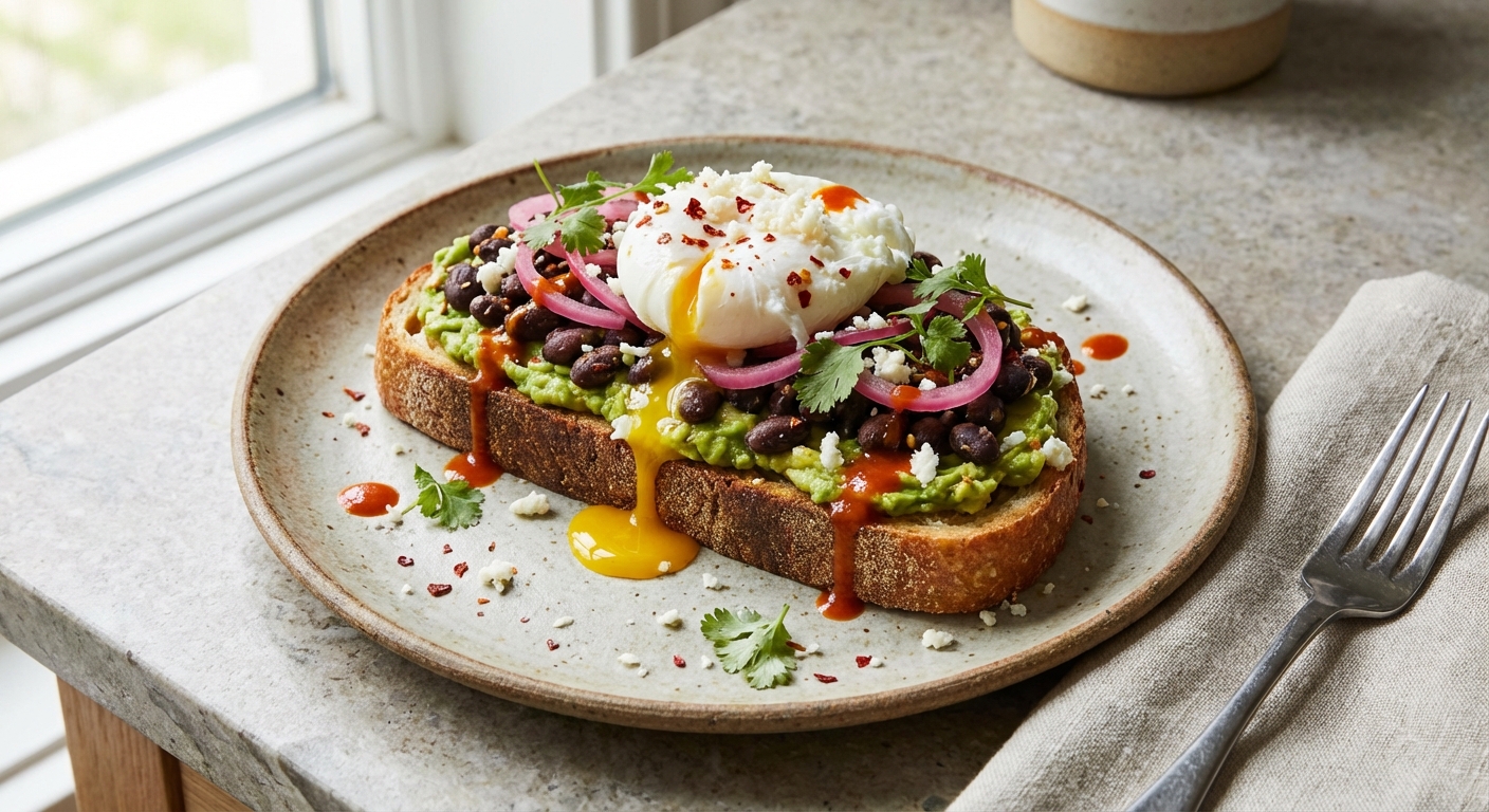 Spicy Black Bean & Avocado Breakfast Toast with Quick Pickled Red Onion