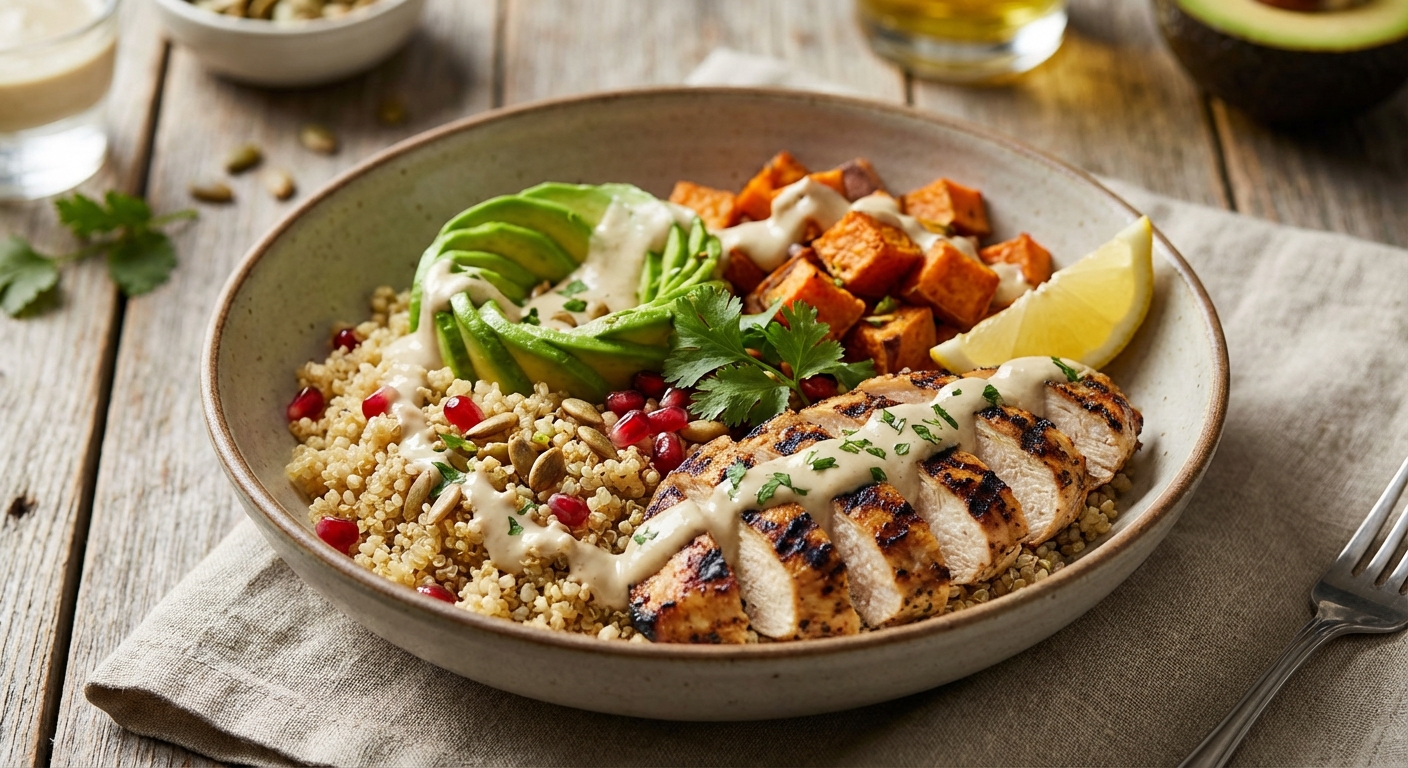 Grilled Chicken & Quinoa Bowl with Roasted Sweet Potato, Avocado & Tahini-Lemon Dressing