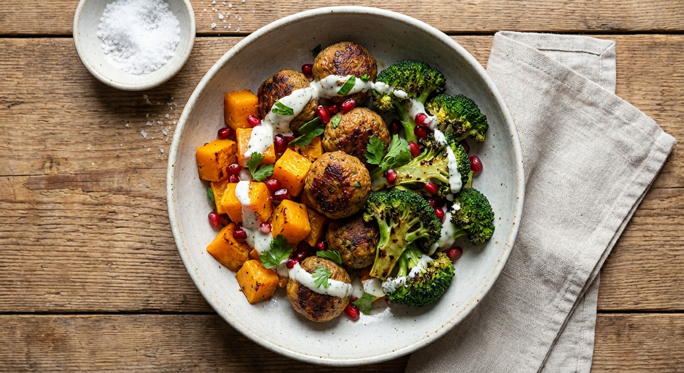 Spiced Turkey Meatballs with Roasted Butternut Squash & Broccoli