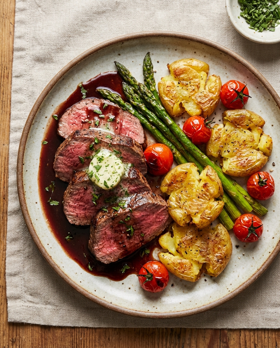 Pan-Seared Beef Tenderloin with Red Wine–Balsamic Reduction, Garlic-Herb Butter & Crispy Smashed Potatoes