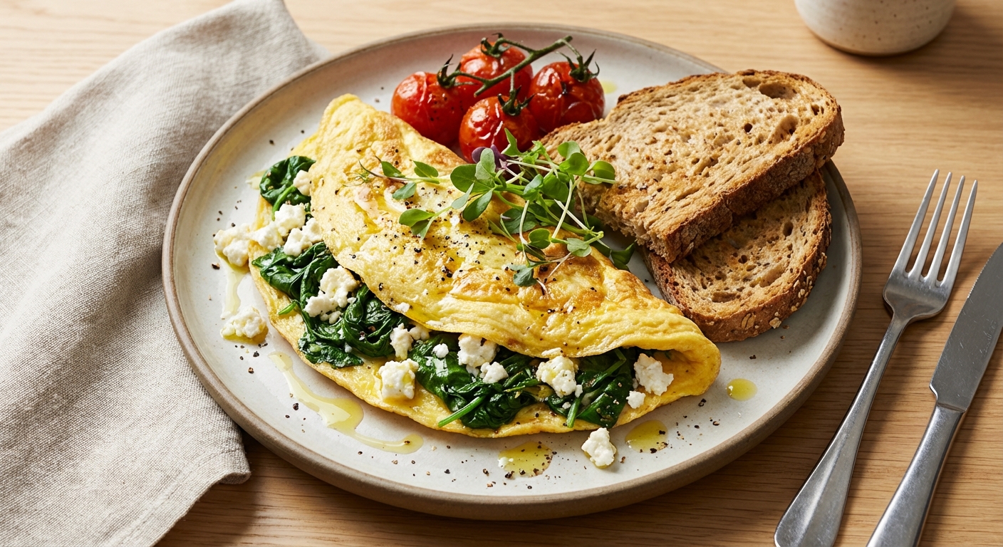 Spinach & Feta Omelette with Whole-Grain Toast and Tomato