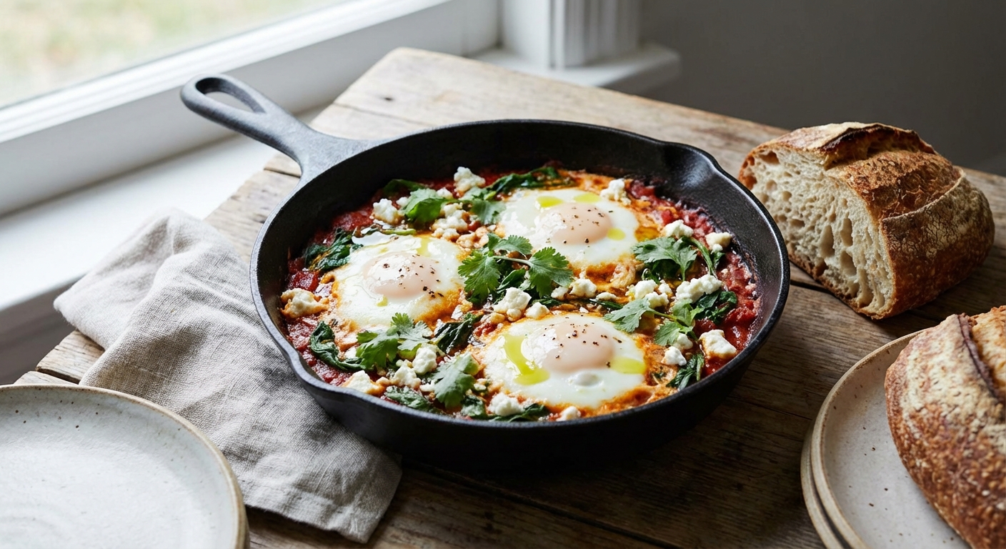 Quick Shakshuka with Winter Spinach and Feta (Skillet-Baked)