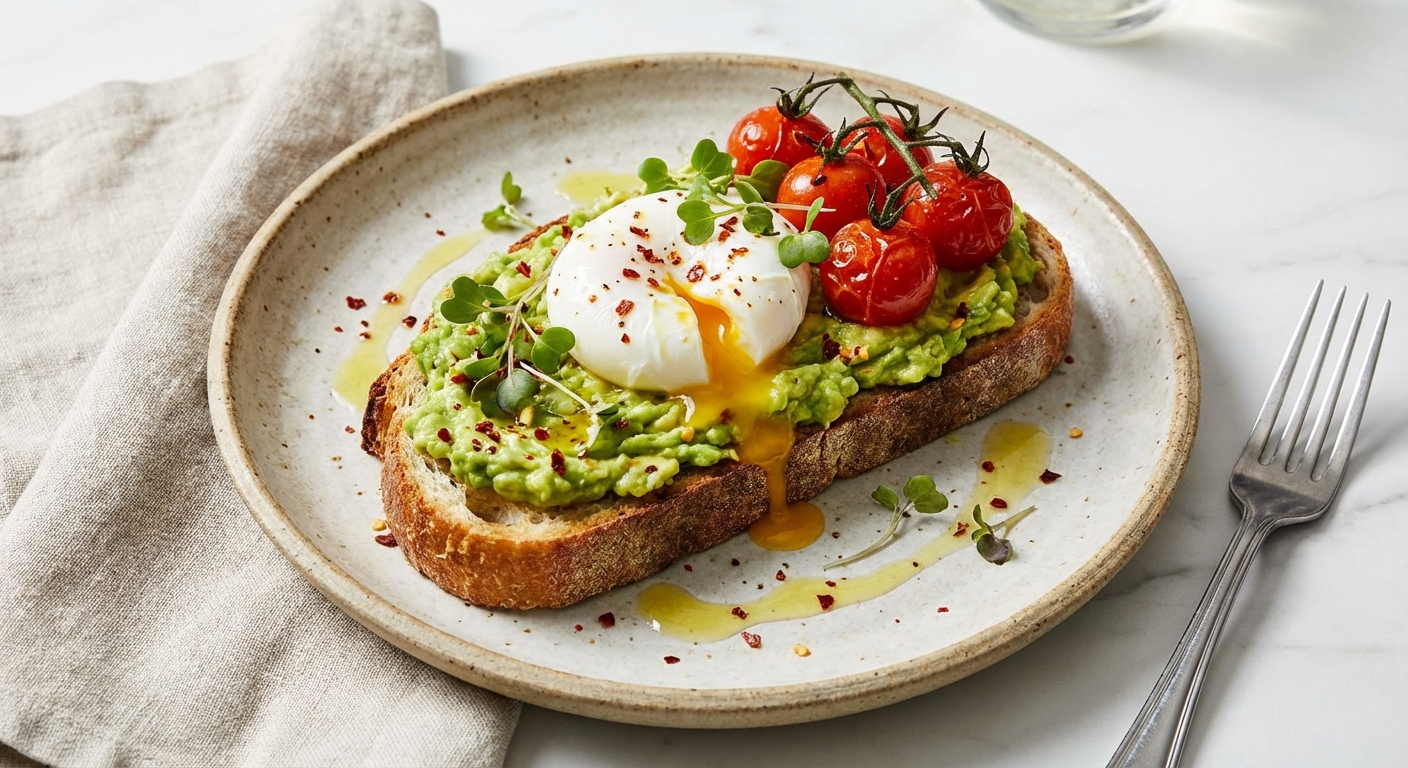 Avocado Toast with Poached Egg and Cherry Tomatoes