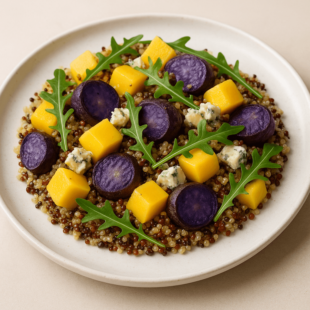 Quinoa Salad with Mango, Blue Cheese, and Roasted Purple Potatoes